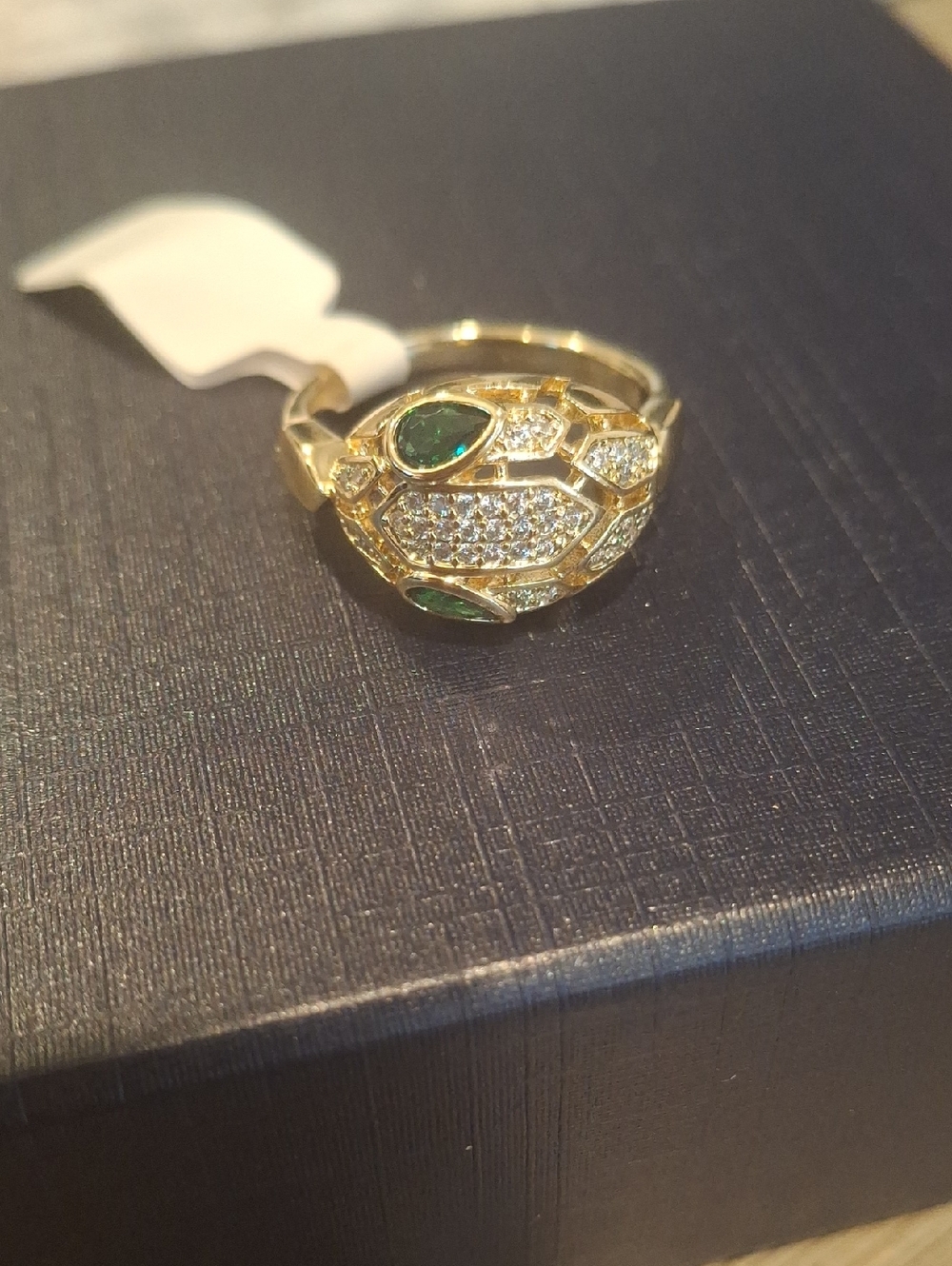 Gold Tone Ring with Green Stone and Pavé Crystals